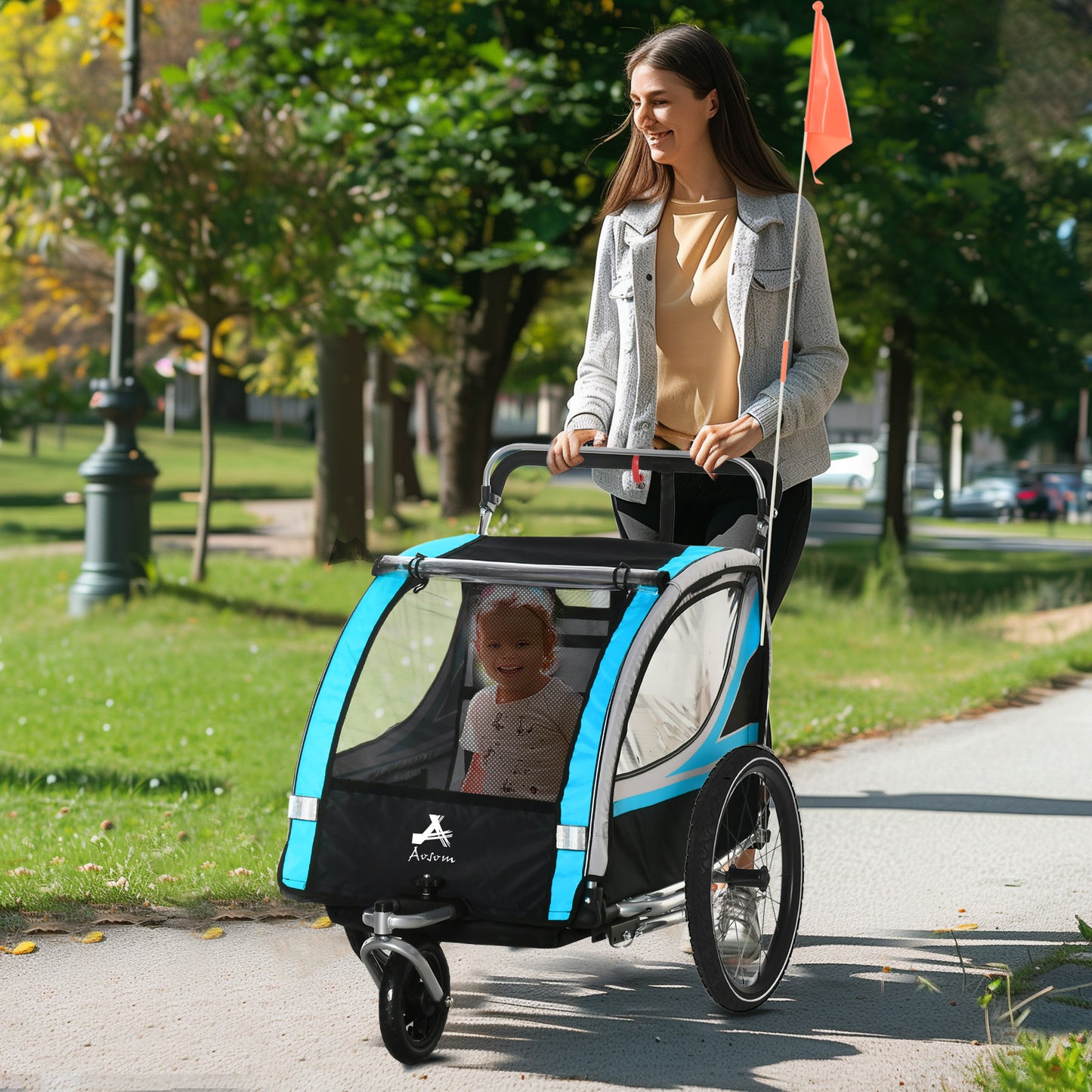 VarietyKart 3-in-1 Bike Trailer for Kids, Running Stroller with 2 Seats, Jogging Cart with 5-Point Harness, Storage Unit