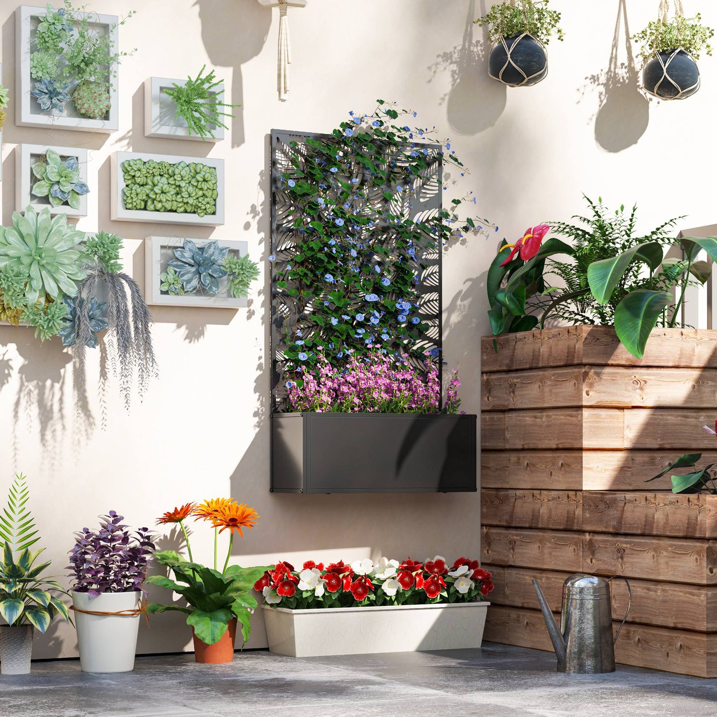 Metal Raised Garden Bed with Privacy Panel, Freestanding or Wall Mounted Outdoor Planter Box for Garden, Patio