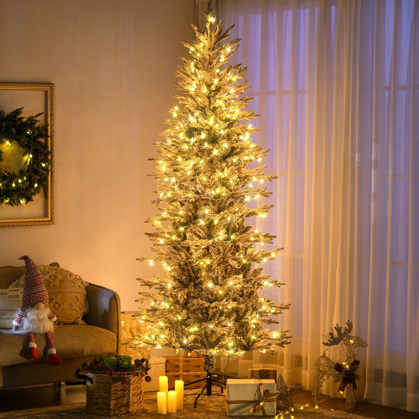 7.5' Pre Lit Arctic Fir Artificial Flocked Christmas Trees, with Snow Branches, Warm White UL Listed Clear Lights