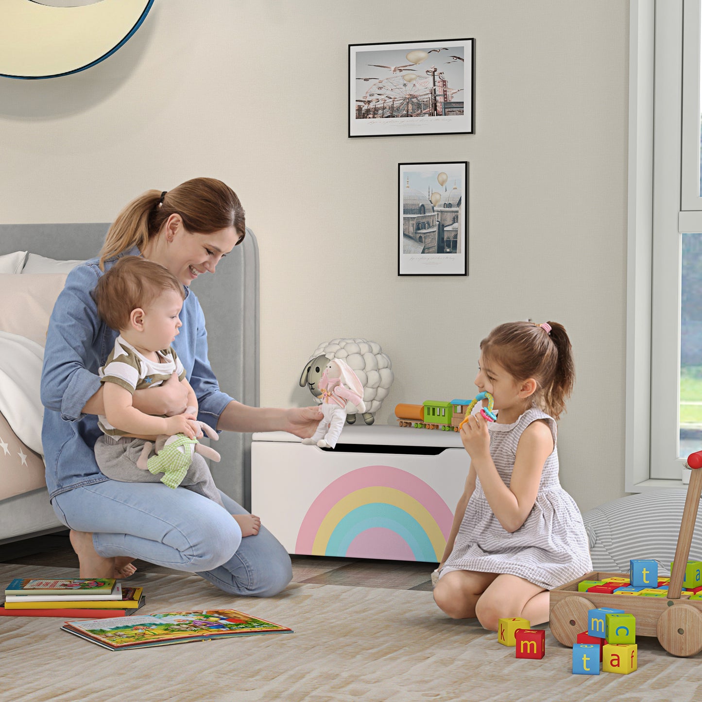Qaba Toy Chest, Kids Toy Bench Box, Lightweight Storage Bench with Lid and Side Handles, for Nursery Room Playroom Bedro