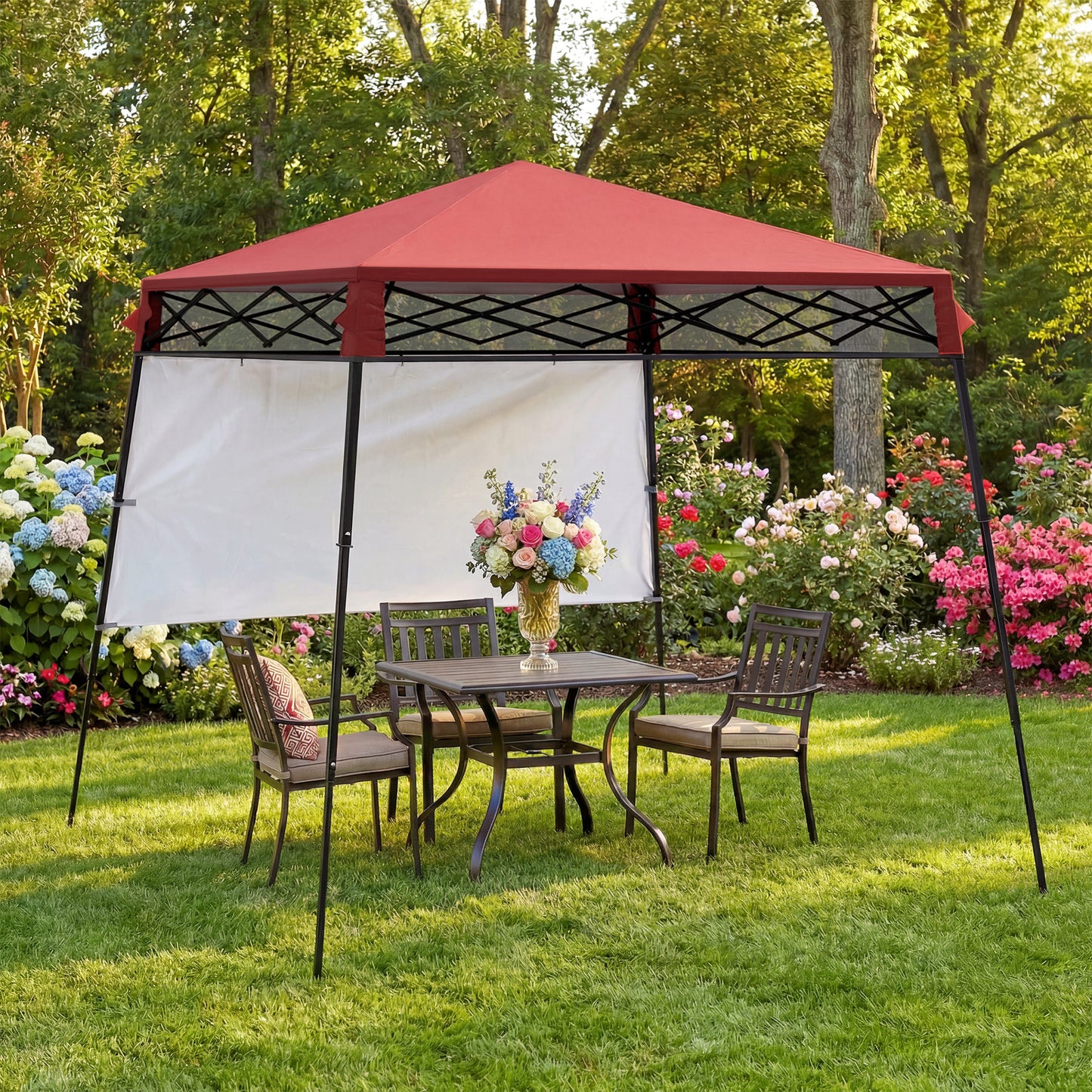 7' x 7' Garden Foldable Pop Up Gazebo Tent with Backpack & Inclined Legs Outdoor Party Canopy, Red & Black
