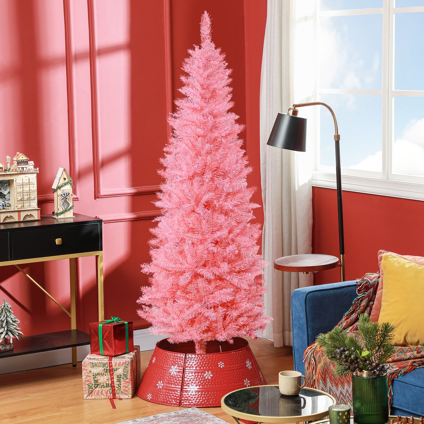 6ft Tall Pencil Artificial Christmas Tree with 479 Branch Tips with Steel Base, Pink