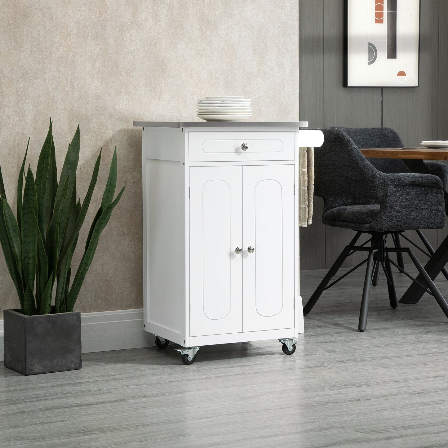 Kitchen Cart, Small Kitchen Island, Stainless Steel Top Utility Trolley on Wheels with Storage Drawer for Dining Room, K