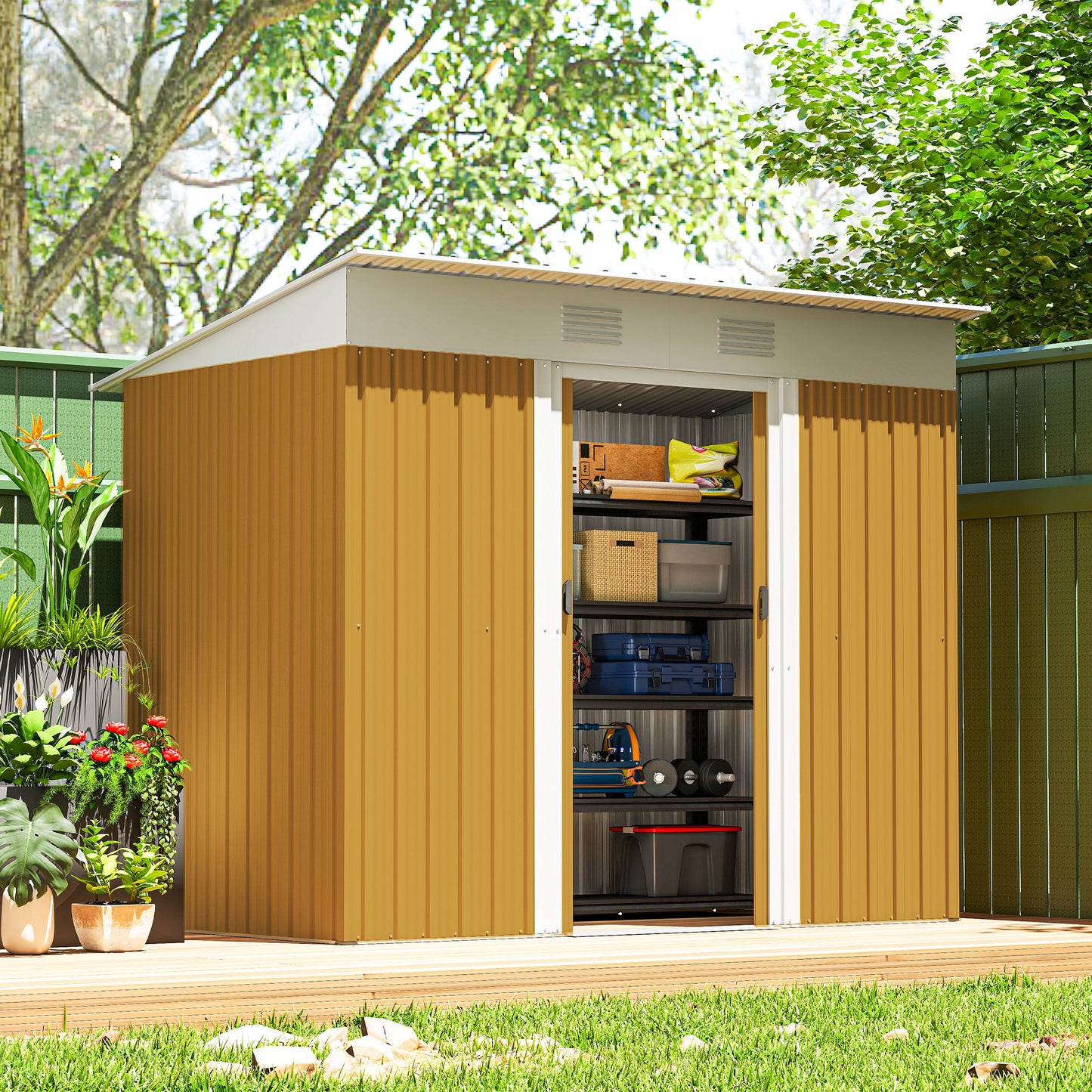 7' x 4' Outdoor Storage Shed, Metal Garden Tool Storage House Organizer with Lockable Sliding Doors and Vents for Backya