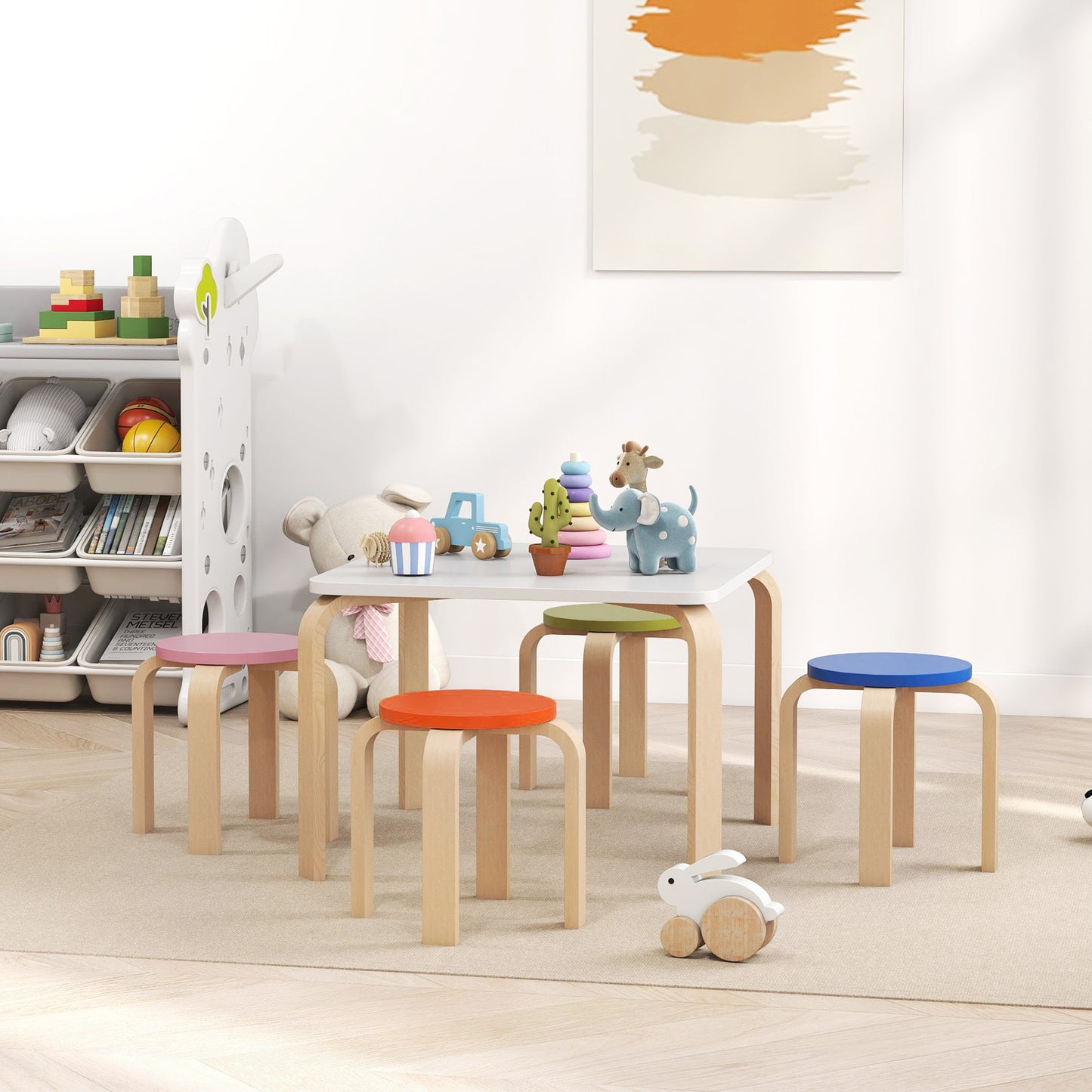 Qaba Kids Table and Chair Set, 5-Piece Children Furniture Set, Kids Table and 4 Chair Set for Daycare, Classroom, Playro