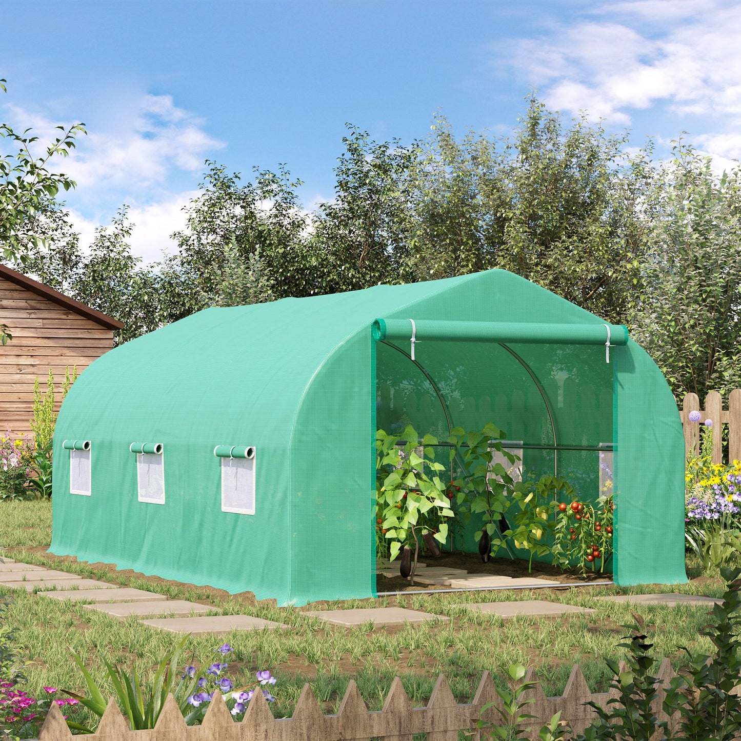 15' x 10' x 7' Walk-in Greenhouse Outdoor Plant Tunnel Warm Hot House w/ Roll Up Door and 6 Mesh Windows, Steel Frame, G