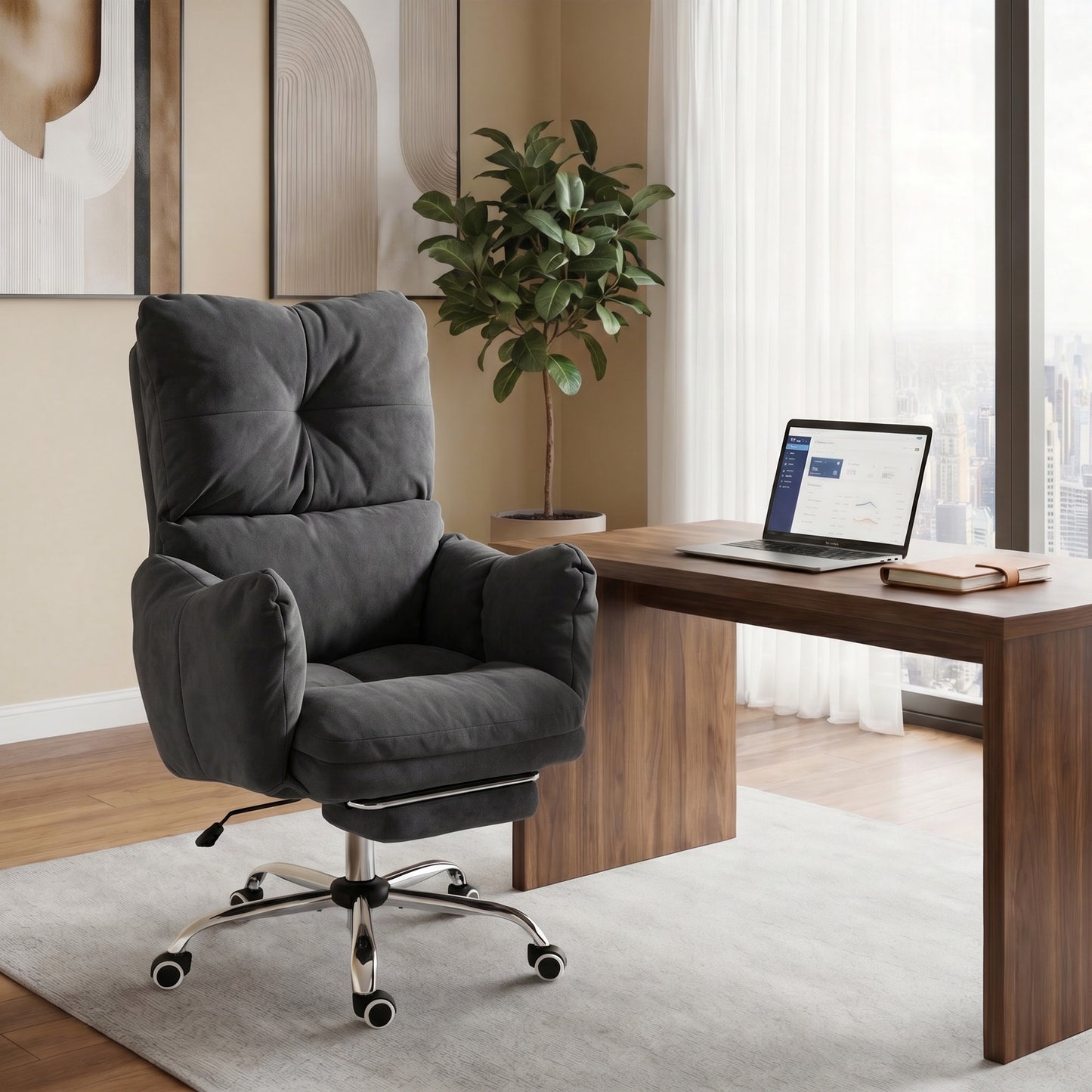 Office Chair with Foot Rest, Ergonomic Reclining Computer Gaming Chair w/ Snow Flannel Fabric, Thick Cushion, Dark Grey