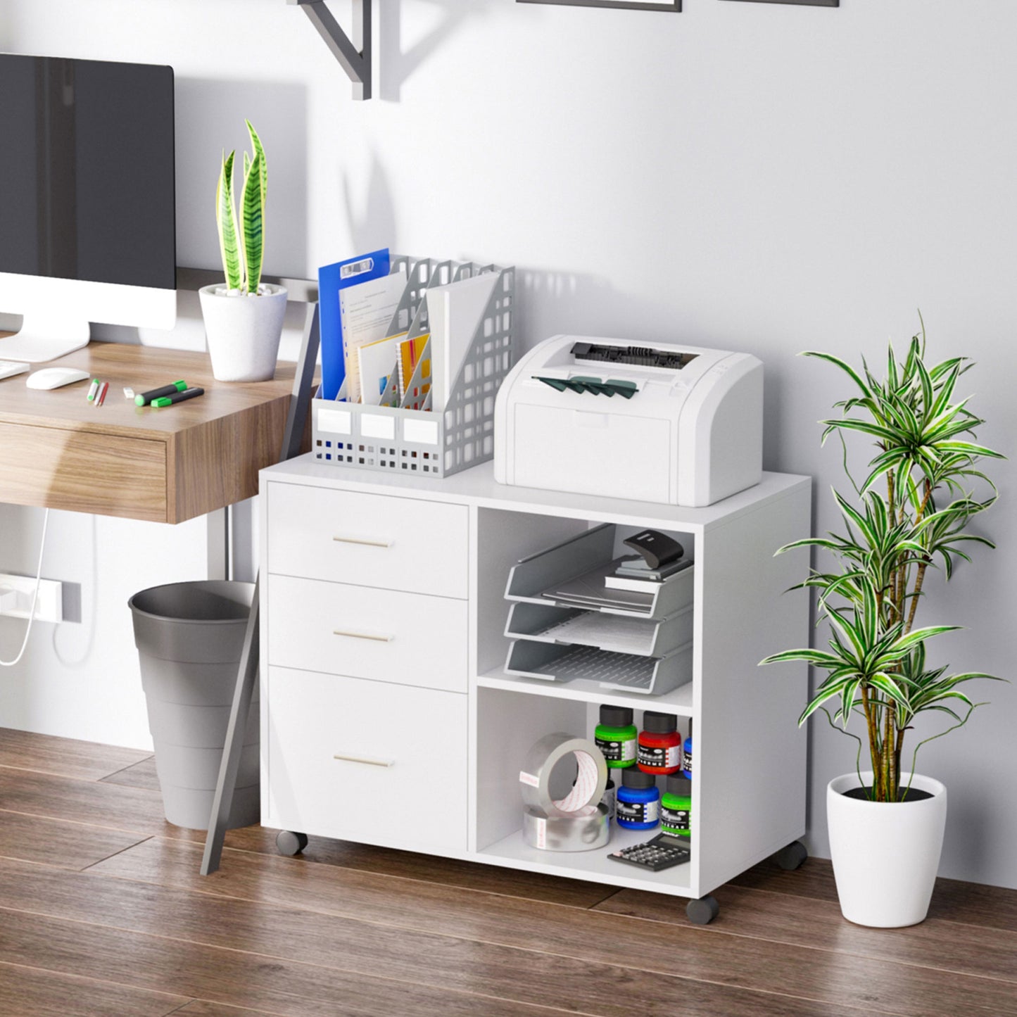Modern Lateral Filing Cabinet, 3 Drawer File Cabinet for Letter and A4 Size Documents, Mobile, Printer Stand with Open S