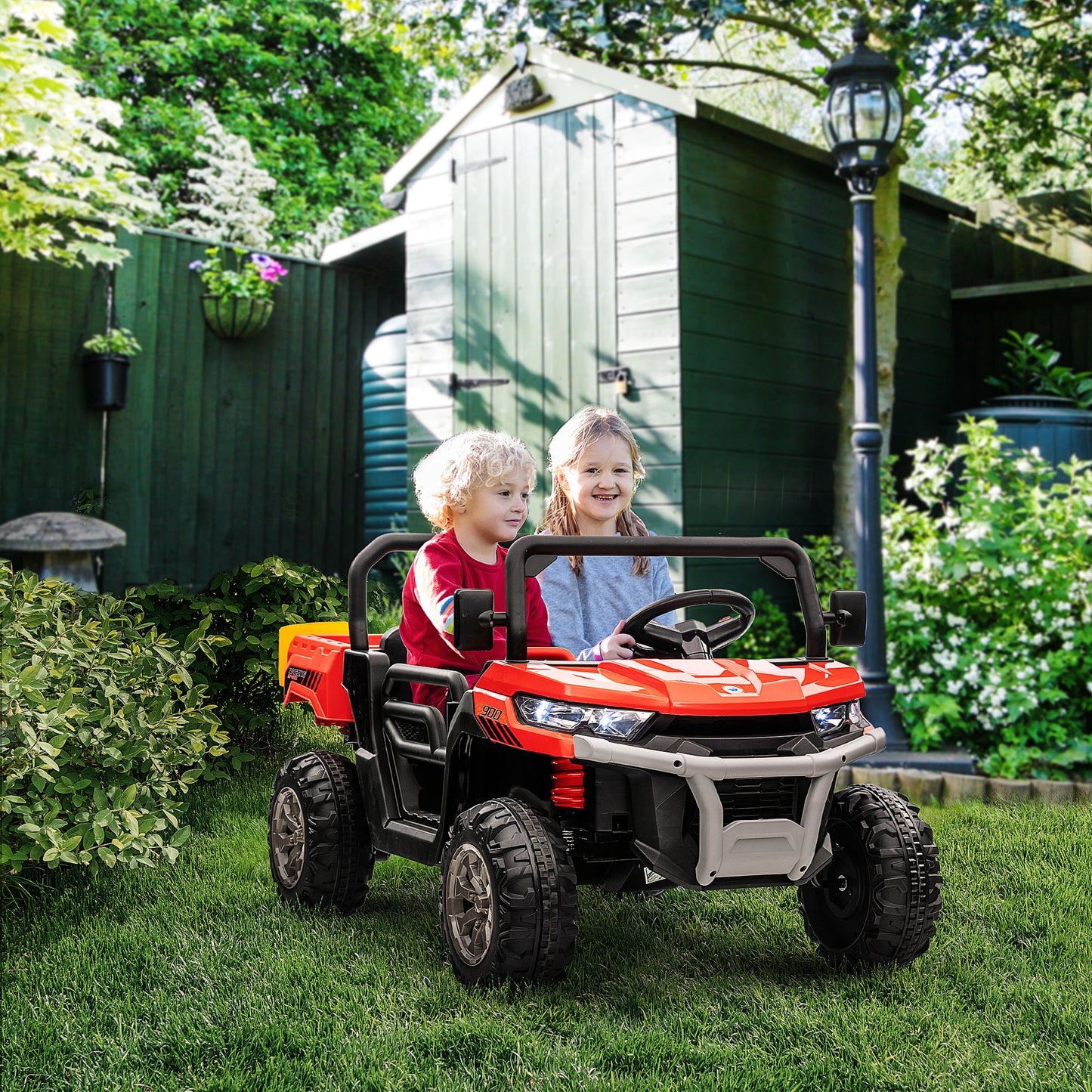 VarietyKart 12V Ride on Car with Electric Bucket, Two-Seater, Shovel, Remote Control, Spring Suspension, Horn, Music, Re