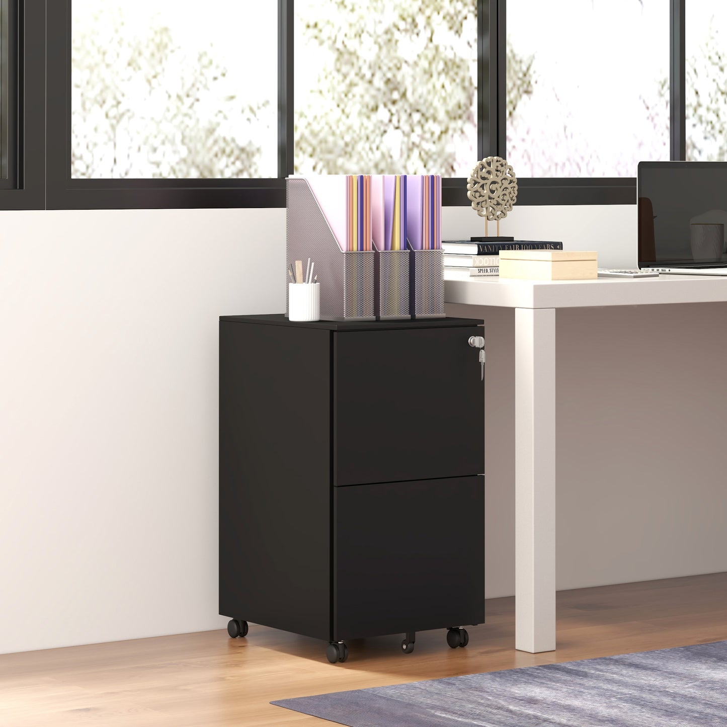 Vertical Steel Filing Cabinet on Wheels, 2-Drawer Lockable File Cabinet with Adjustable Hanging Bar for A4, Legal and Le