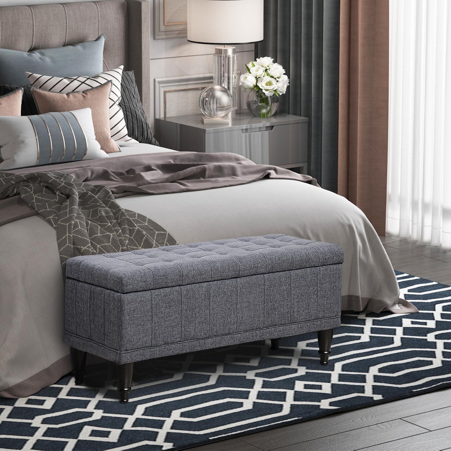 Storage Ottoman, Linen Fabric End of Bed Bench with Soft Close Lid, Button Tufted Storage Bench for Living Room, Entrywa