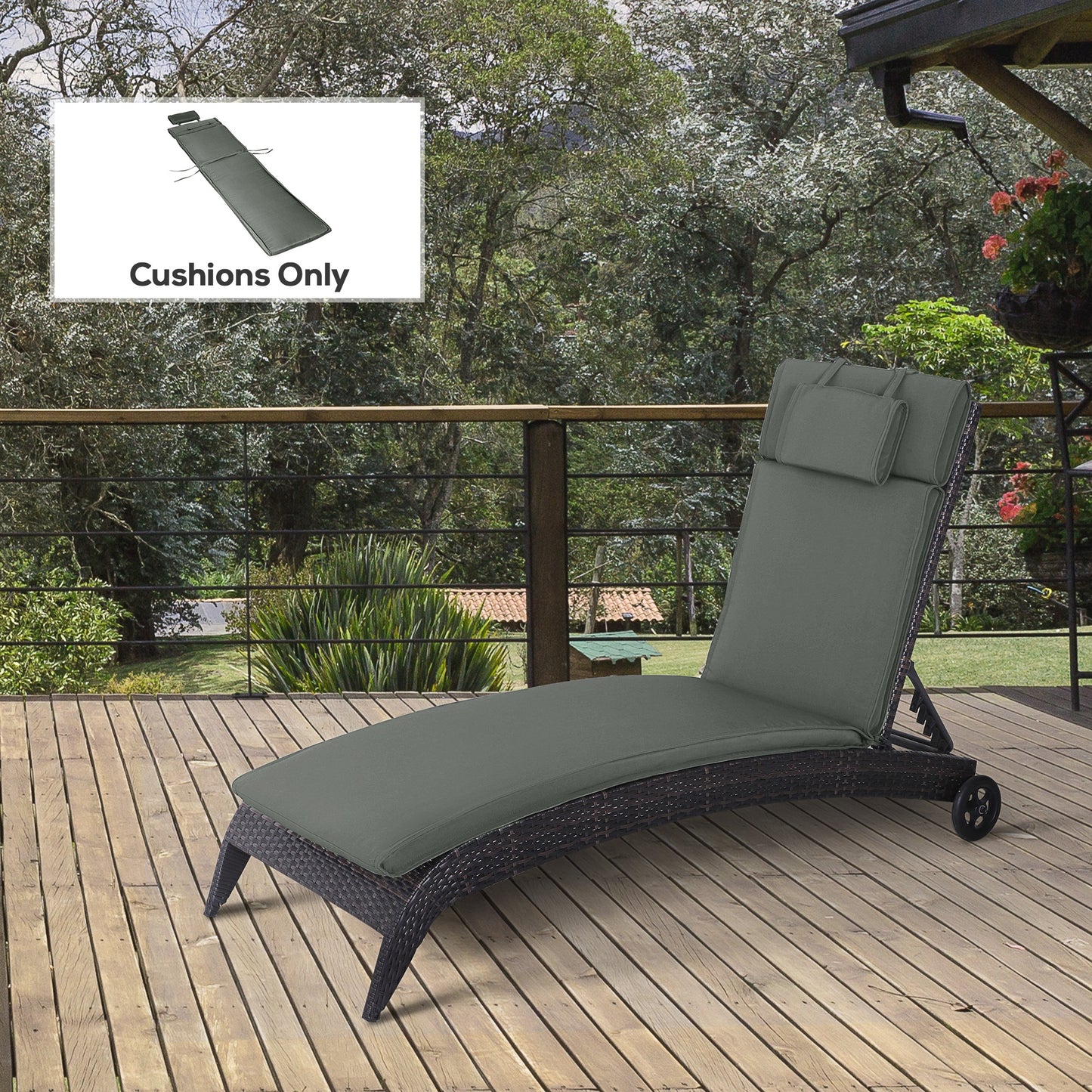 Garden Lounger Chair Cushion Replacement, Deep Seat Patio Cushions with Thick Padded, Headrest, Removable Cover, Cushion