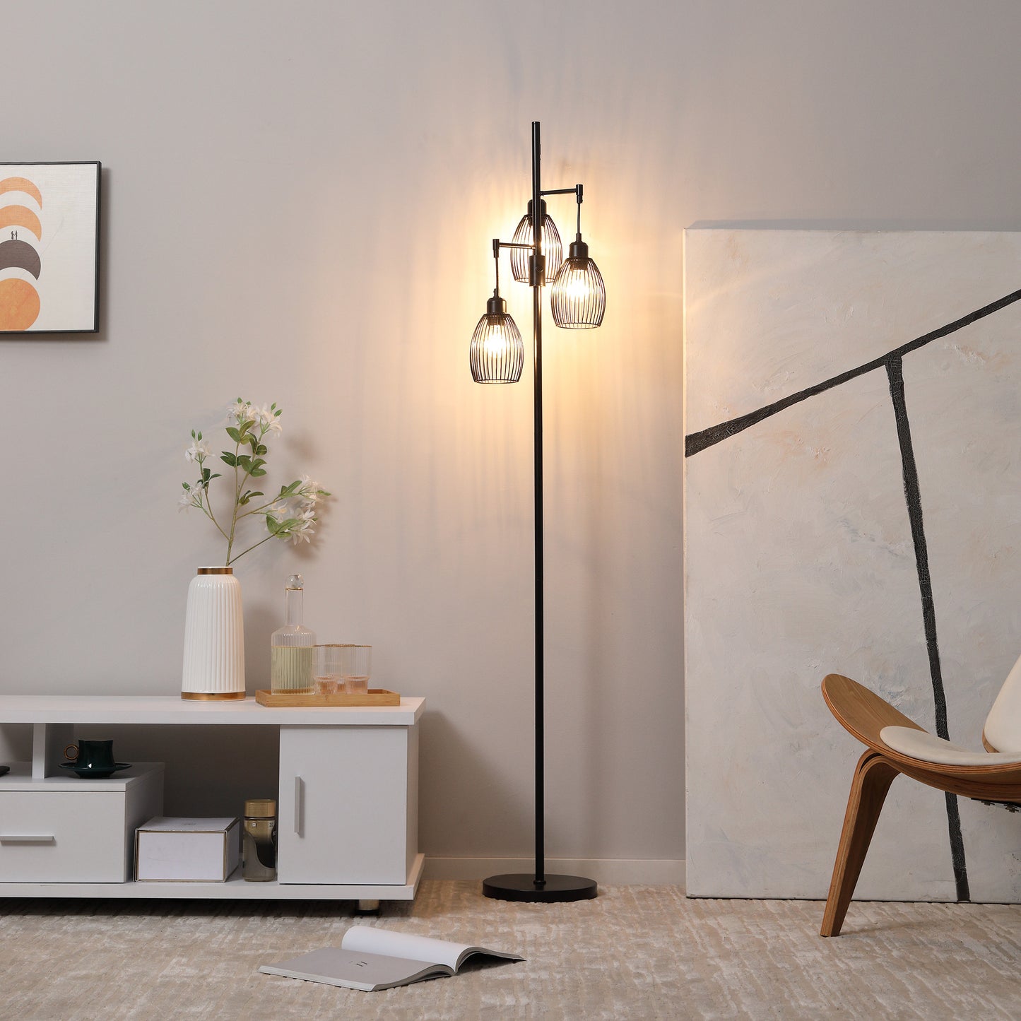 Industrial Floor Lamp with 3 Hanging Wire Lampshades, Dimmable Standing Lamp for Living Room, Bedroom, Dining Room, Stud