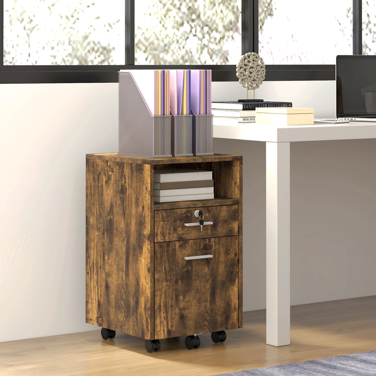 Small Filing Cabinet with 2 Drawers, Lockable Home Office Storage Cabinets on Wheels for A4, Letter Size, Rustic Brown