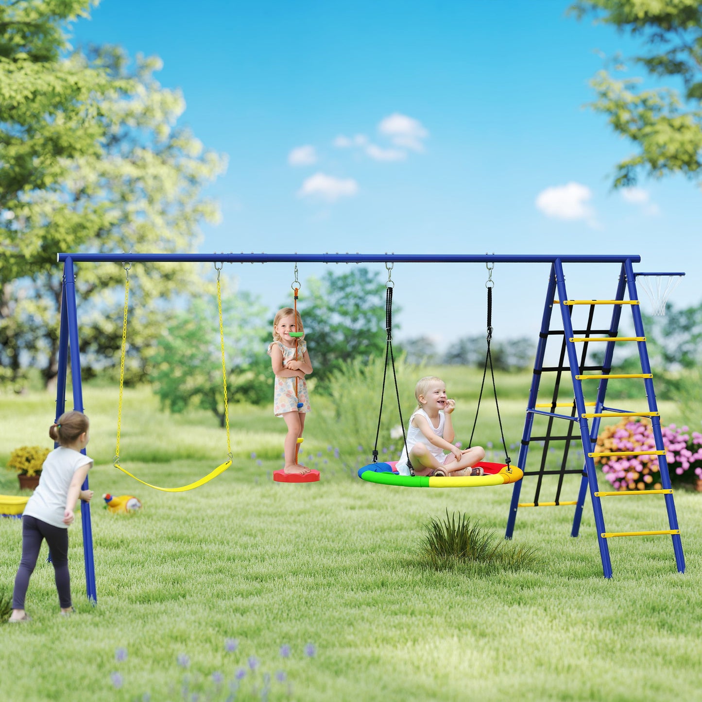 Qaba 6 in 1 Kids Swing Set with 1 Saucer Swing, 1 Belt Swing, 1 Disc Rope Swing, Climbing Ladder and Net, Basketball Hoo