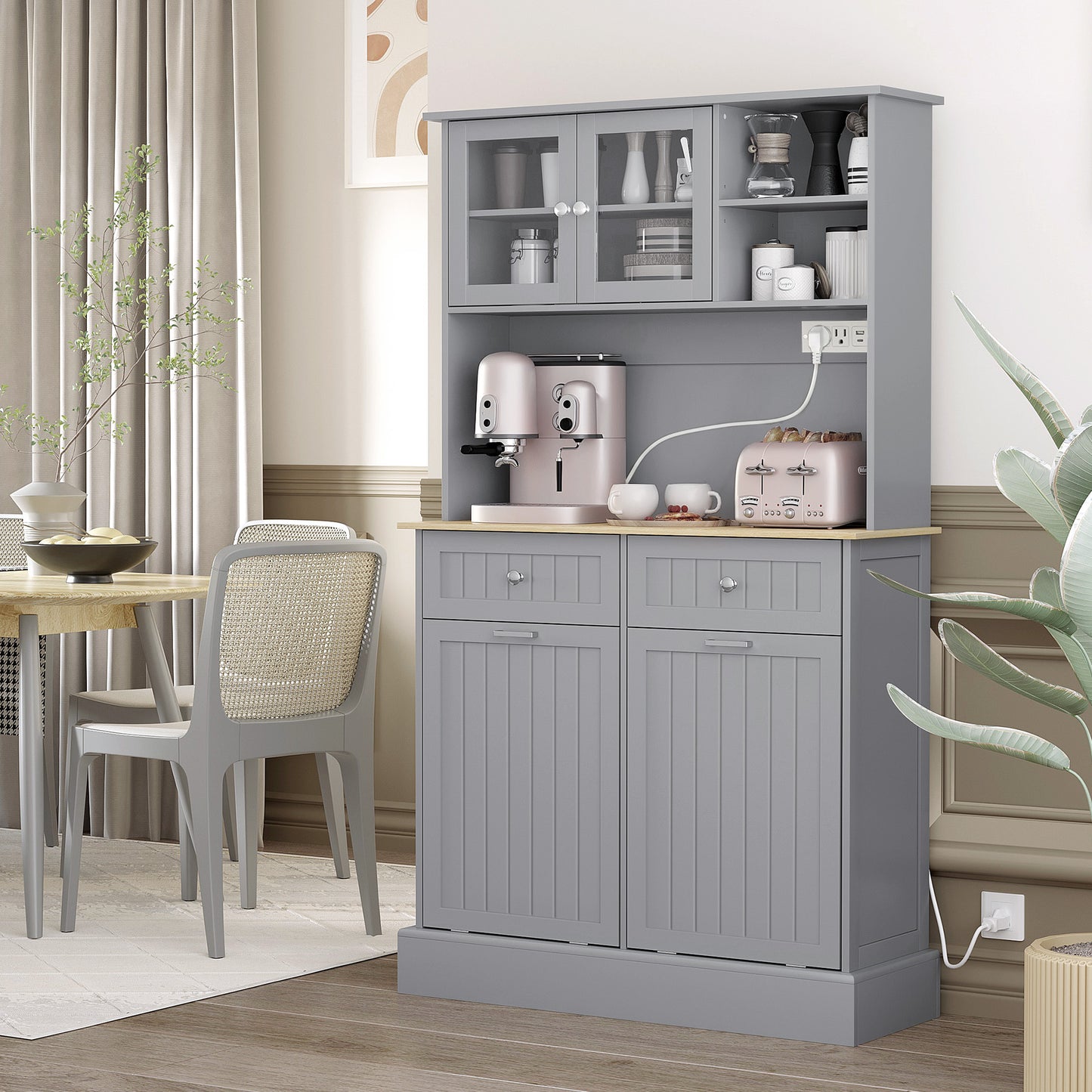 Kitchen Cabinet with Charging Station, 2 Tilt Out Cabinets, Microwave Stand, Freestanding Kitchen Pantry Cabinet, Grey