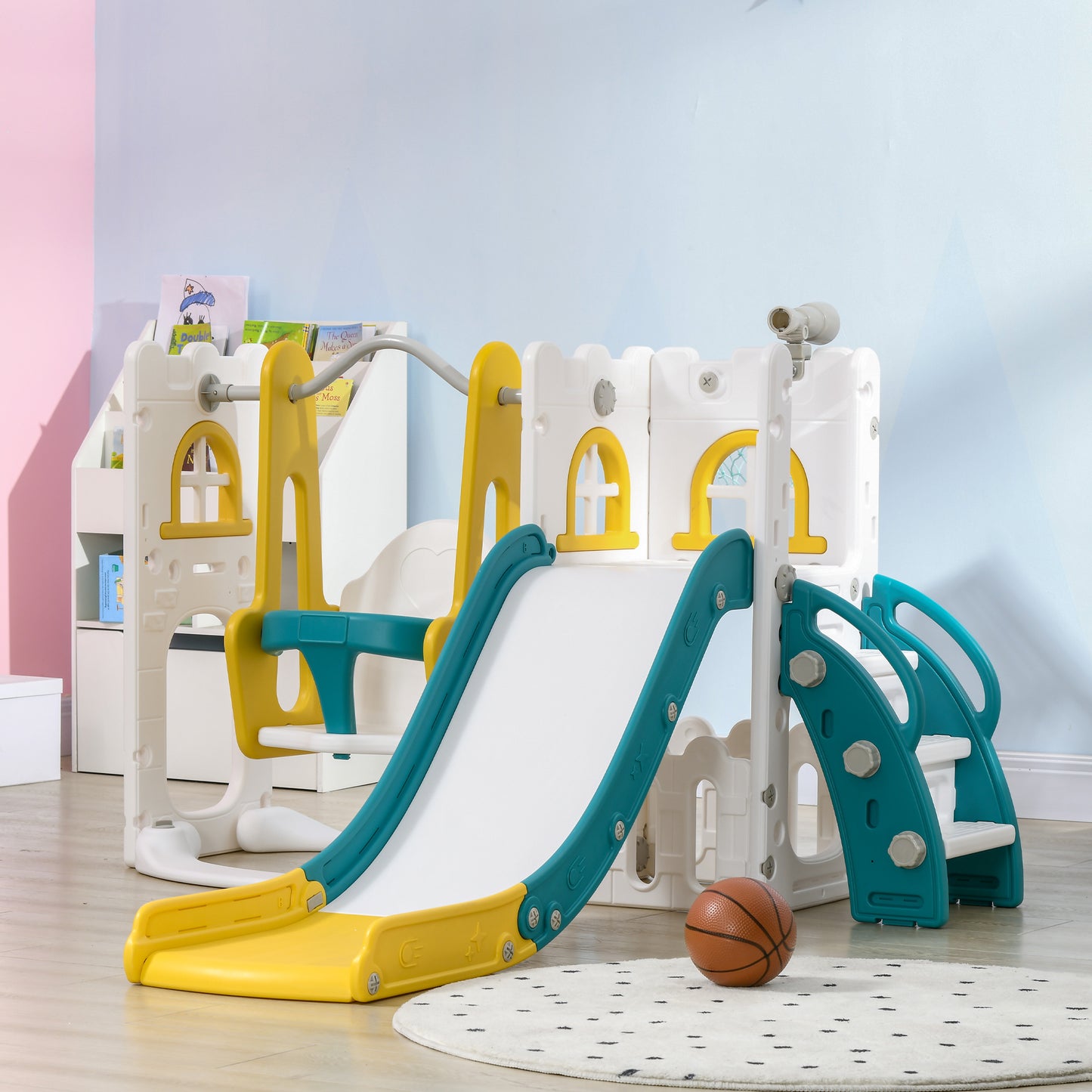 Qaba 6-in-1 Slide and Swing Set Baby Swing Playset Indoor with Basketball Hoop, Climber, Storage Space, Telescope, Yello