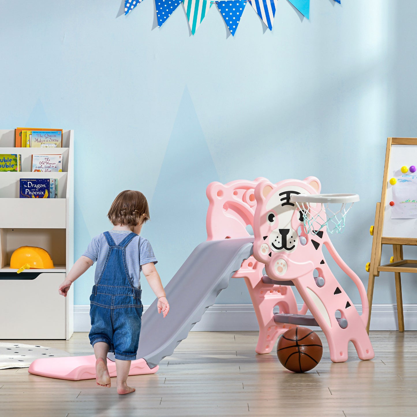 Qaba 3 in 1 Slide for Toddlers, Kids Slide Playset with Basketball Hoop, Climber, for 18-36 Months, Pink