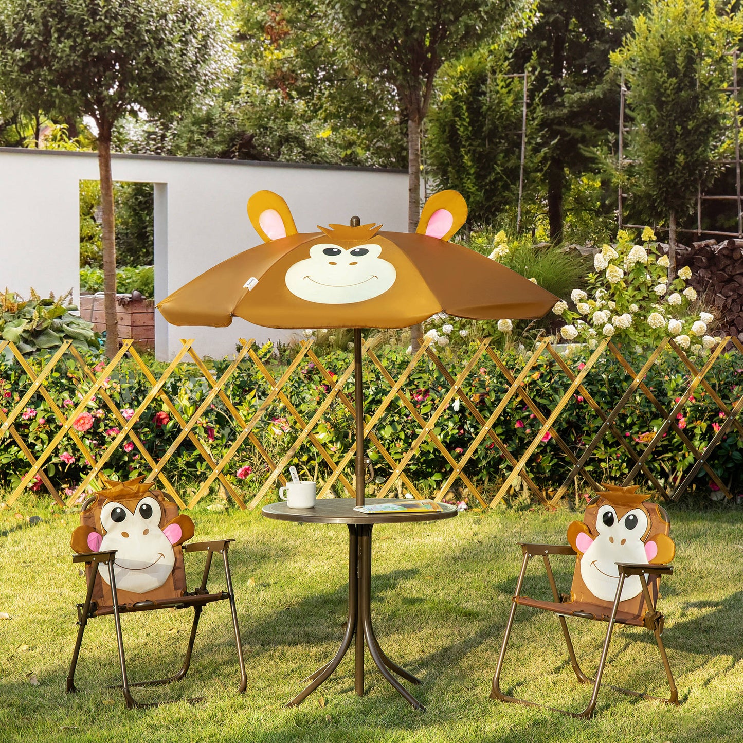 Kids Folding Picnic Table and Chair Set Pattern Outdoor Garden Patio Backyard with Removable & Height Adjustable Sun Umb