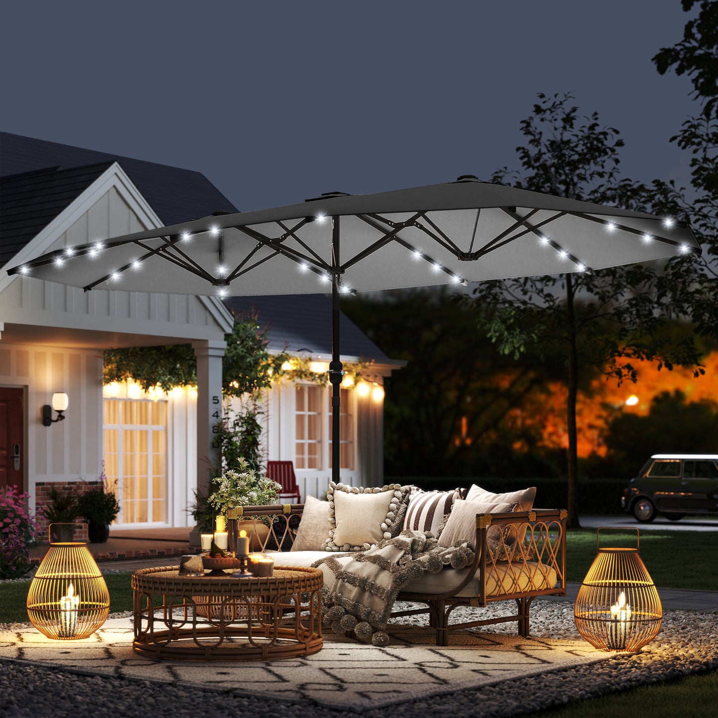 173" Double-Sided Sun Umbrella Garden Parasol Patio Sun Shade Outdoor with LED Solar Light, No Base Included, Dark Gre