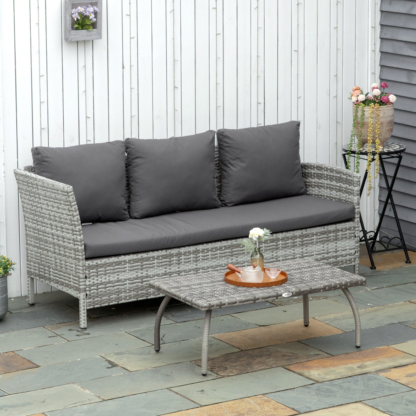 Rattan Coffee Table Outdoor Side Table, 35.4" x 19.7" Small Wicker Patio Furniture with All-Weather PE for Garden, Balco
