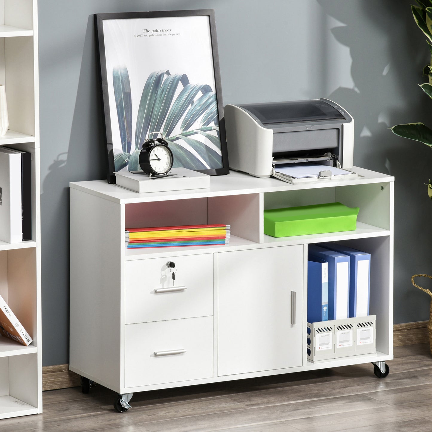 Lateral Filing Cabinet with Open Storage Shelf, Printer Stand Home Office Mobile File Cabinet with Wheels, Lockable Draw