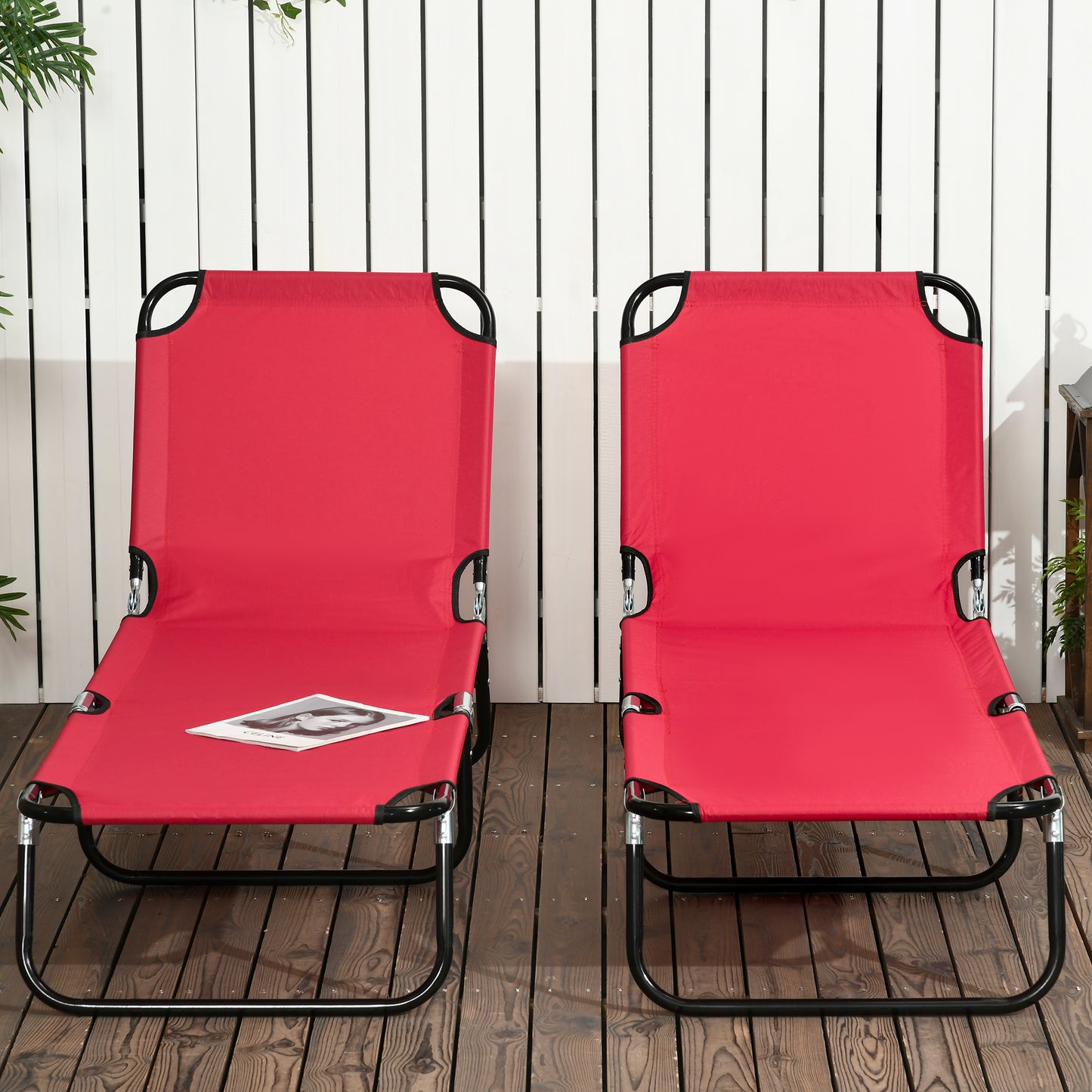 Set of 2 Folding Outdoor Lounge Chair, Sun Tanning Chairs with Reclining Back, Breathable Mesh for Beach Patio, Red