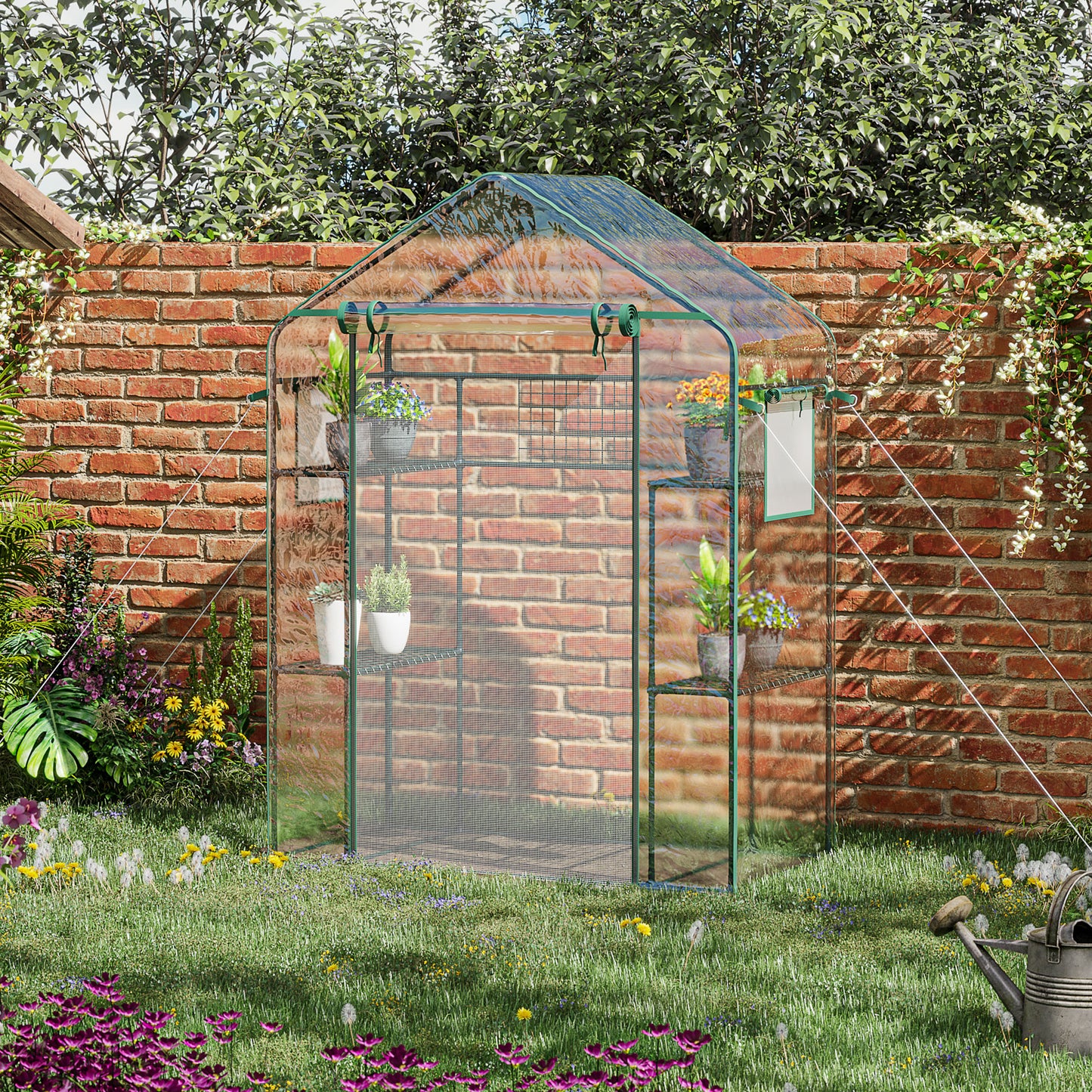 Walk-in Greenhouse with 4 Shelves, 56" x 29" x 77" Mini Greenhouse ,Roll-Up Door, Mesh Windows for Seedling, Flowers, Pl