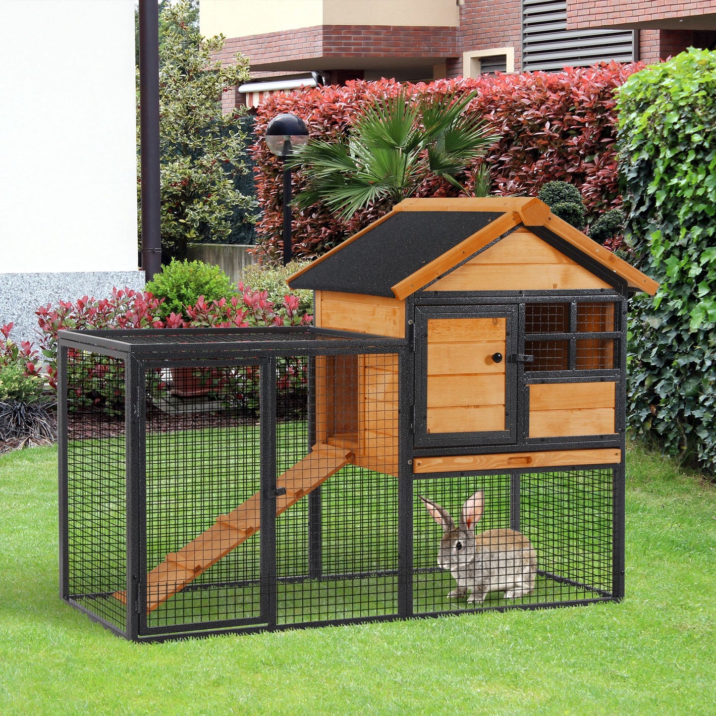 Rabbit Hutch Outdoor, 48"L Large Wooden Bunny Cage with Run, Bite-Resistant Metal Frame, Removable Plastic Tray, Asphalt