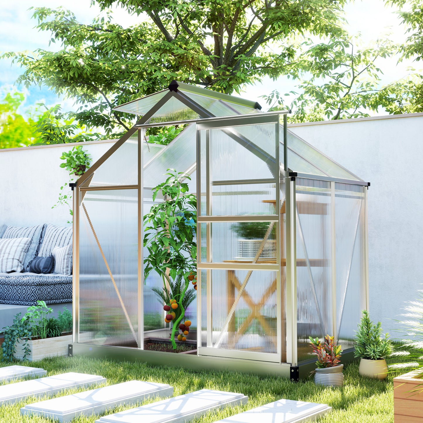 6' x 4' x 6.6' Polycarbonate Greenhouse, Walk-In Green House Kit Garden, Plants Grow, Galvanized Sheet Aluminum Frame wi