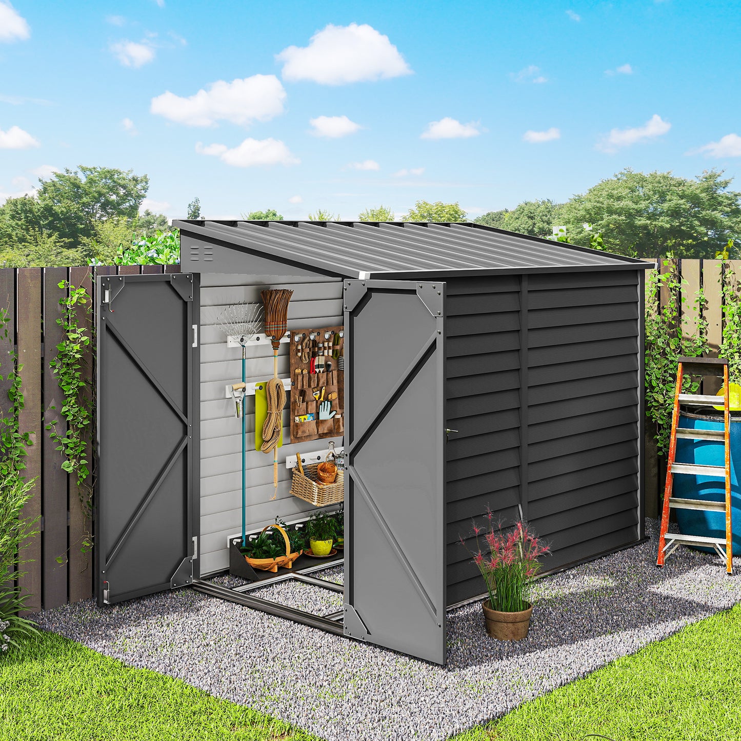 4.6' x 9' Steel Outdoor Storage Shed, Lean to Shed, Metal Tool House with Foundation Kit, Lockable Doors, Gloves and 2 A