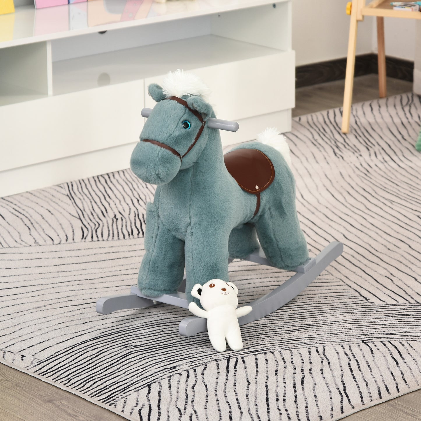 Qaba Kids Rocking Horse Plush Animal on Wooden Rockers with Sounds, Wooden Base and Bear Toy, Baby Rocking Chair, Blue