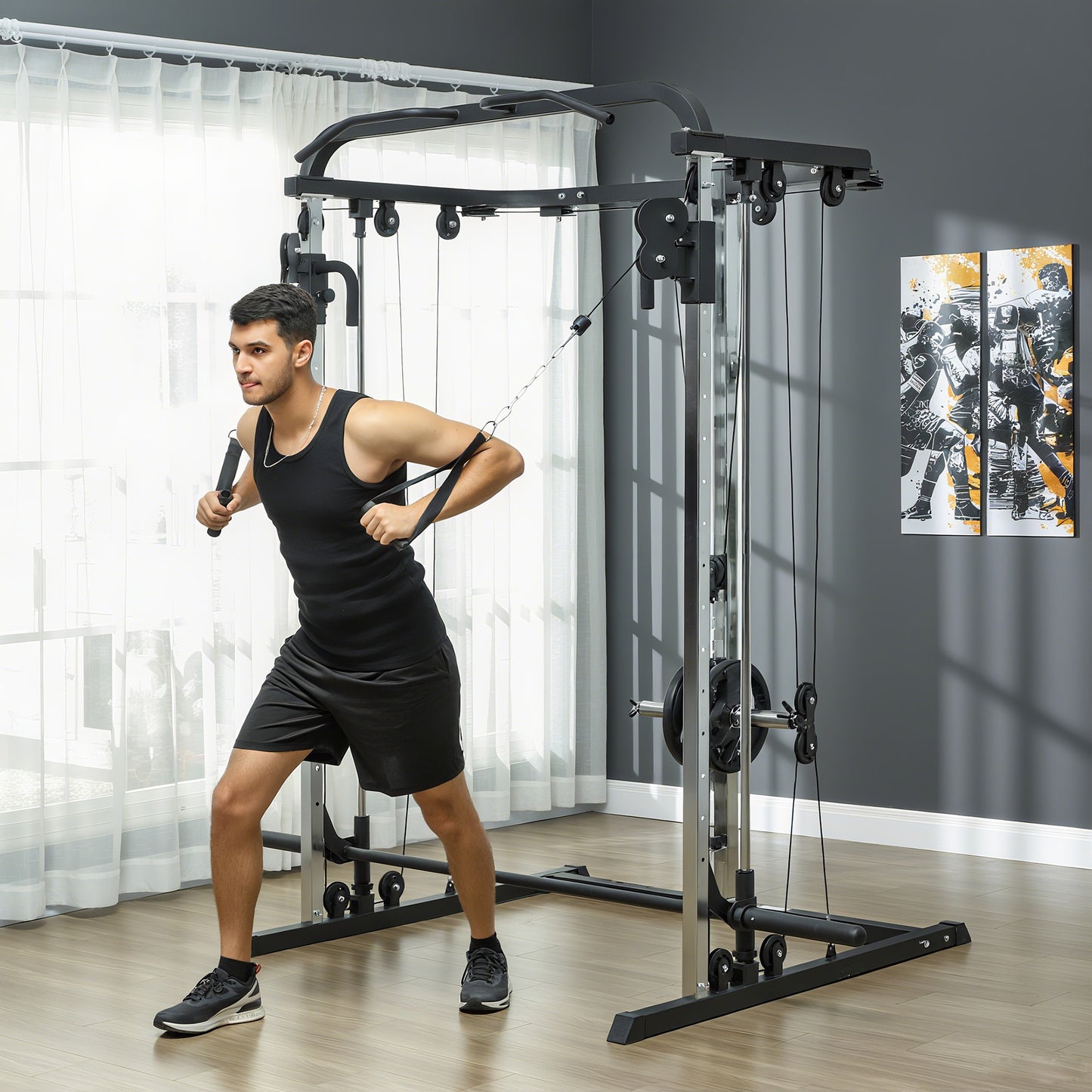 Soozier 3 In 1 Smith Machine Power Rack with Cable Crossover System, Pull up Station, 16-Level Squat Rack and Barbell Ba