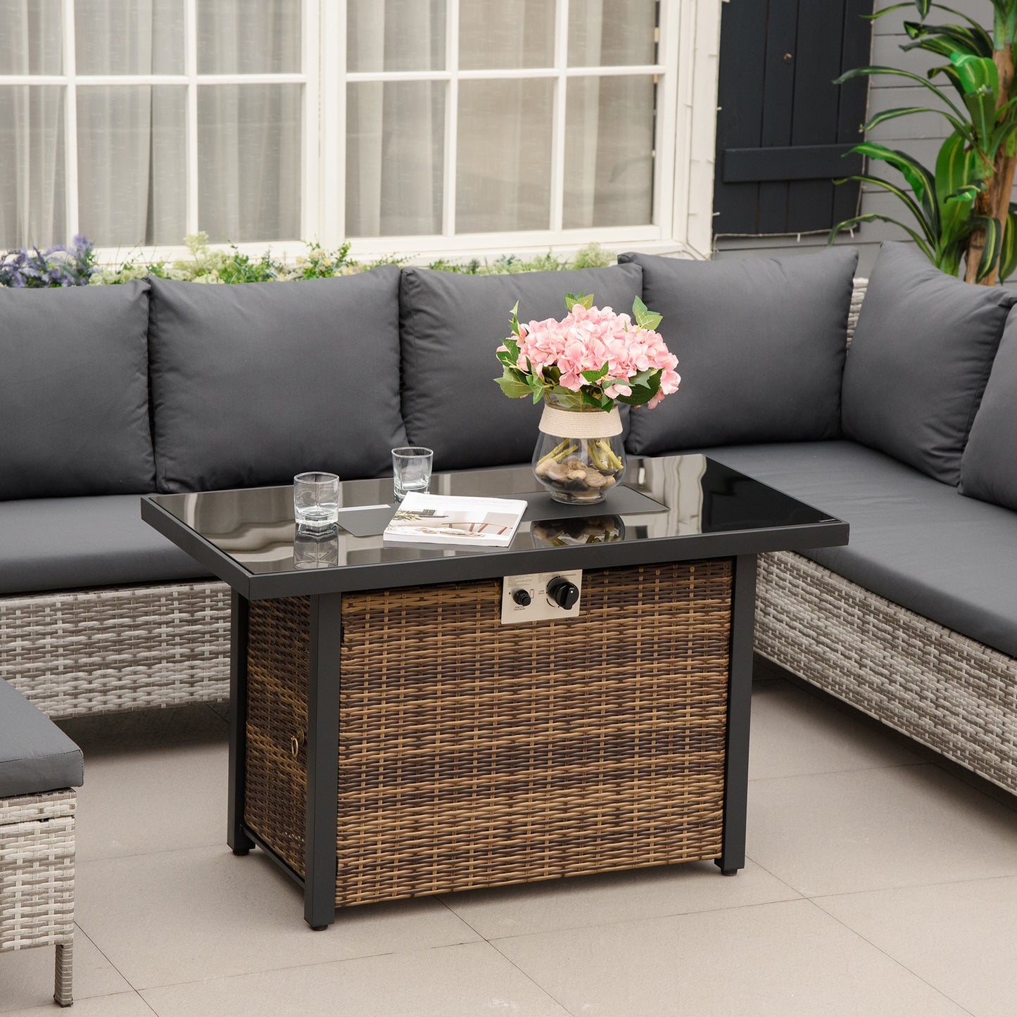 Outdoor Propane Gas Fire Pit Table, 50,000 BTU Electric Ignition Gas Firepit with Glass Cover, Black Glass Tabletop and