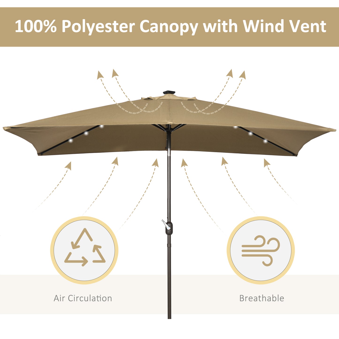 6.5x10ft Patio Umbrella Rectangle Solar Powered Tilt Aluminum Outdoor Market Parasol with LEDs Crank (Light Coffee)