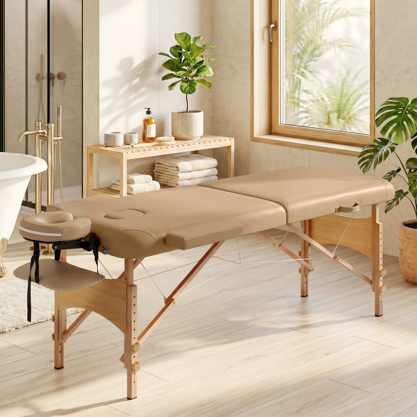 Height Adjustable Professional Salon Spa Facial Couch Bed, Portable Folding Massage Table, Light Brown