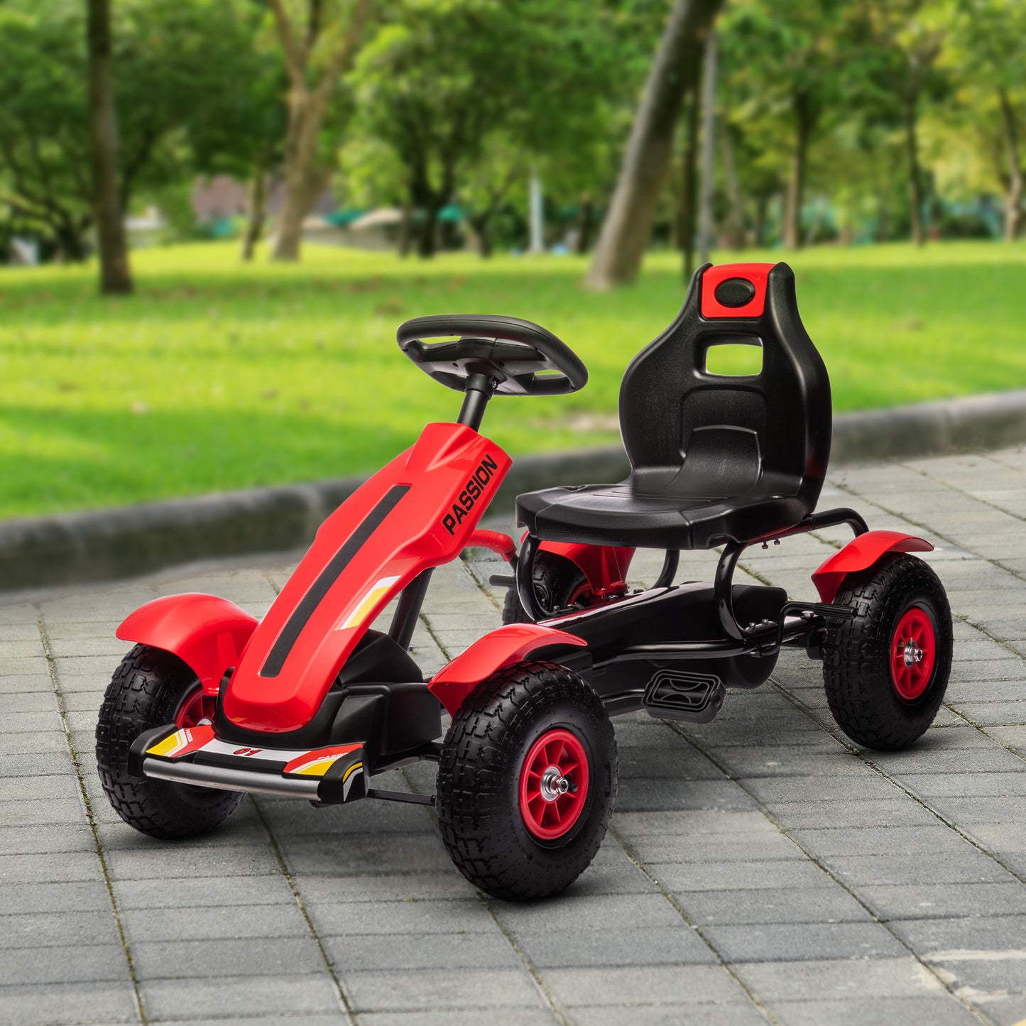 VarietyKart Pedal Go Kart for Kids, Pedal Car with Adjustable Bucket, Handbrake, 4 Rubber Wheels Powered Ride, Red