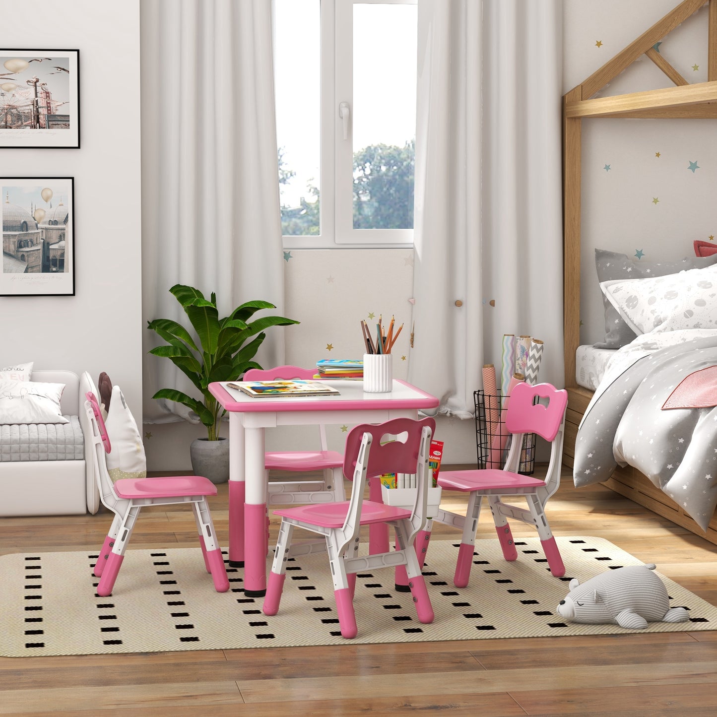 Qaba 5 Pieces Toddler Table and Chair Set, Height Adjustable Activity Table and Chair Set for Nursery Classroom, Pink