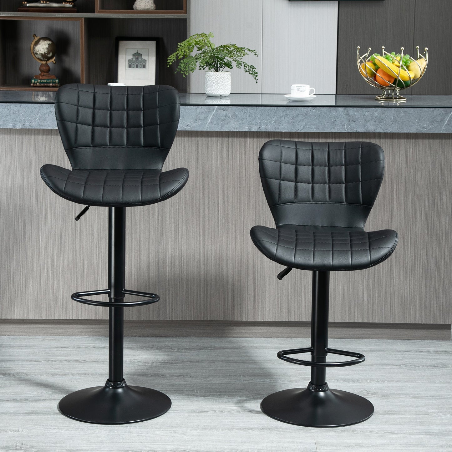 Bar Stools Set of 2, Adjustable Height Swivel Bar Chairs, PU Leather Upholstered Kitchen Counter Stools with Wide Seat,