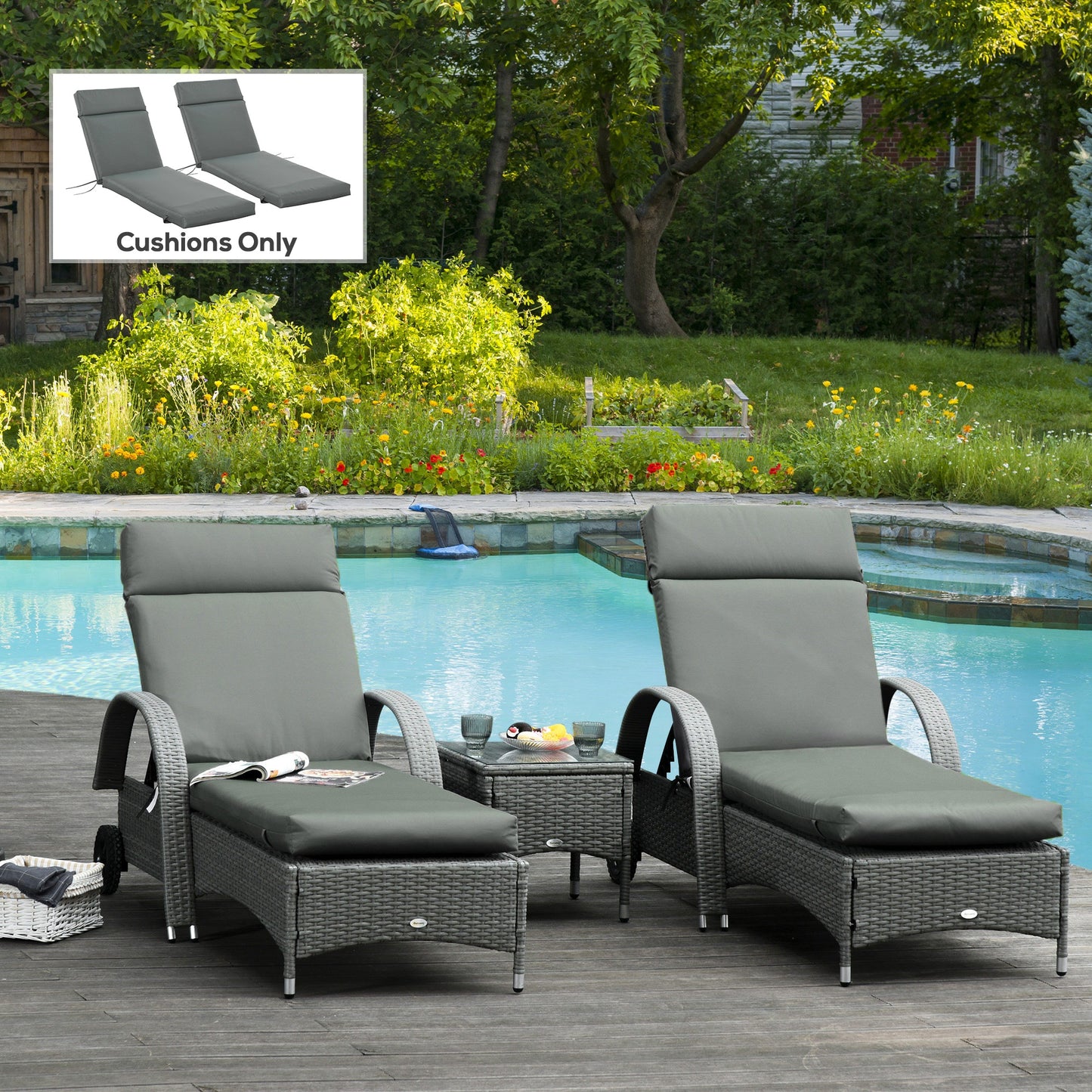 Outdoor Lounge Chair Cushion Set of 2, Non-Slip Chaise Lounge Cushions, Sun Lounger Pads, 77.2" x 21.7", Dark Grey