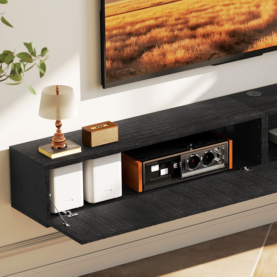 71" Floating TV Stand for TVs up to 72 Inch, Wall Mount Media Console with 2 Fluted Flip-Down Doors, Cable Hole, Black