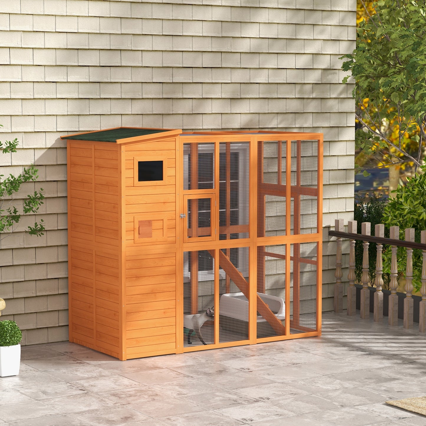 68.75" H Cat Cage Large Wooden Outdoor Cat House with Large Run for Play, Catio for Lounging, and Condo Area for Sleepin