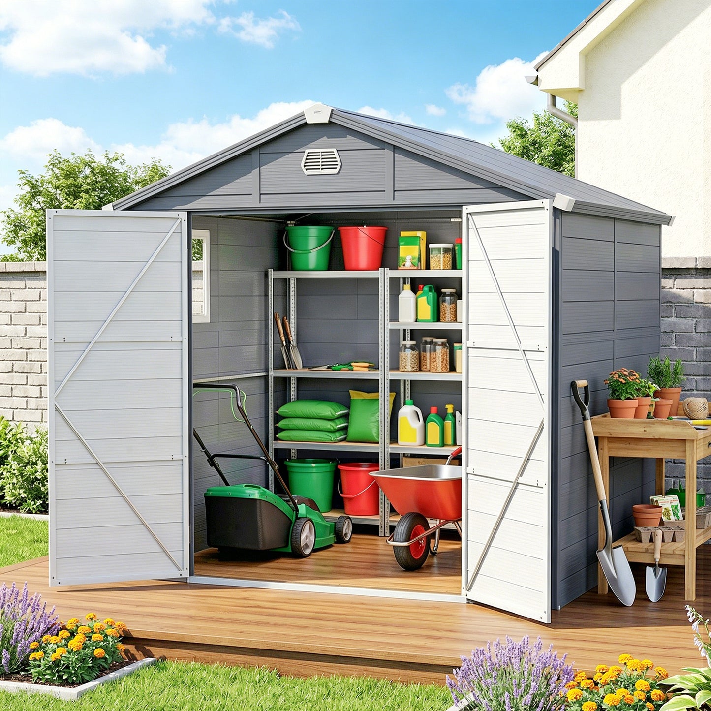 8' x 6' Plastic Garden Storage Shed with Latch Door, Vents, Sloped Roof, Dark Grey
