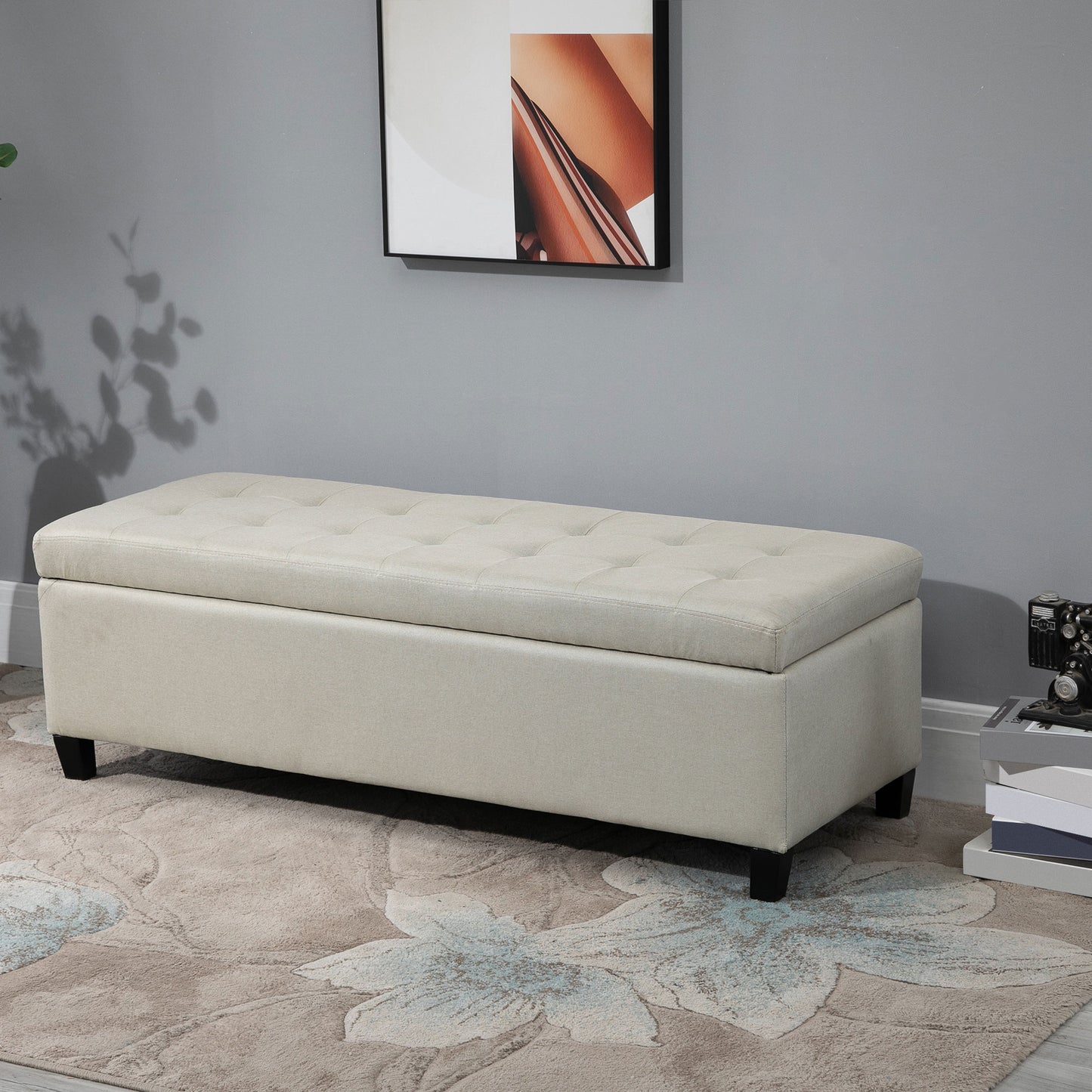 Rectangular Entry Bench, Tufted Upholstered Linen Fabric Wood Feet Storage Ottoman Bench, Beige