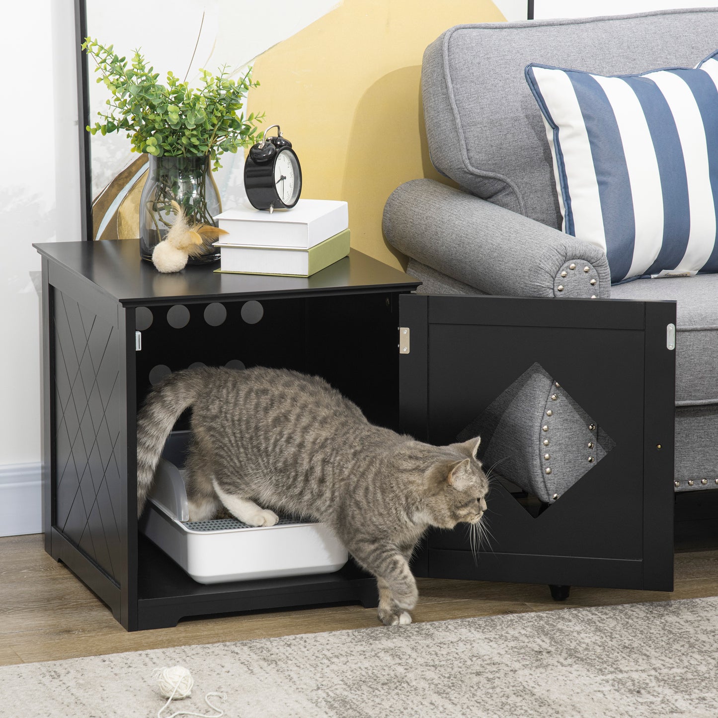 Cat Litter Box Enclosure End Table, Indoor Cat Washroom with Magnetic Door, Hidden Litter Box Nightstand with Large Tabl