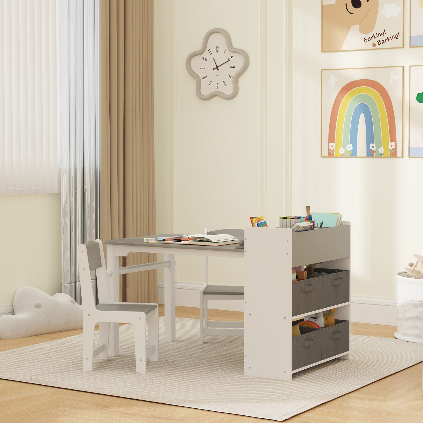 Qaba Kids Table and Chairs Set, Toddler Art Table and Chair Set with Paper Roll, Storage Shelves and Drawers, Grey
