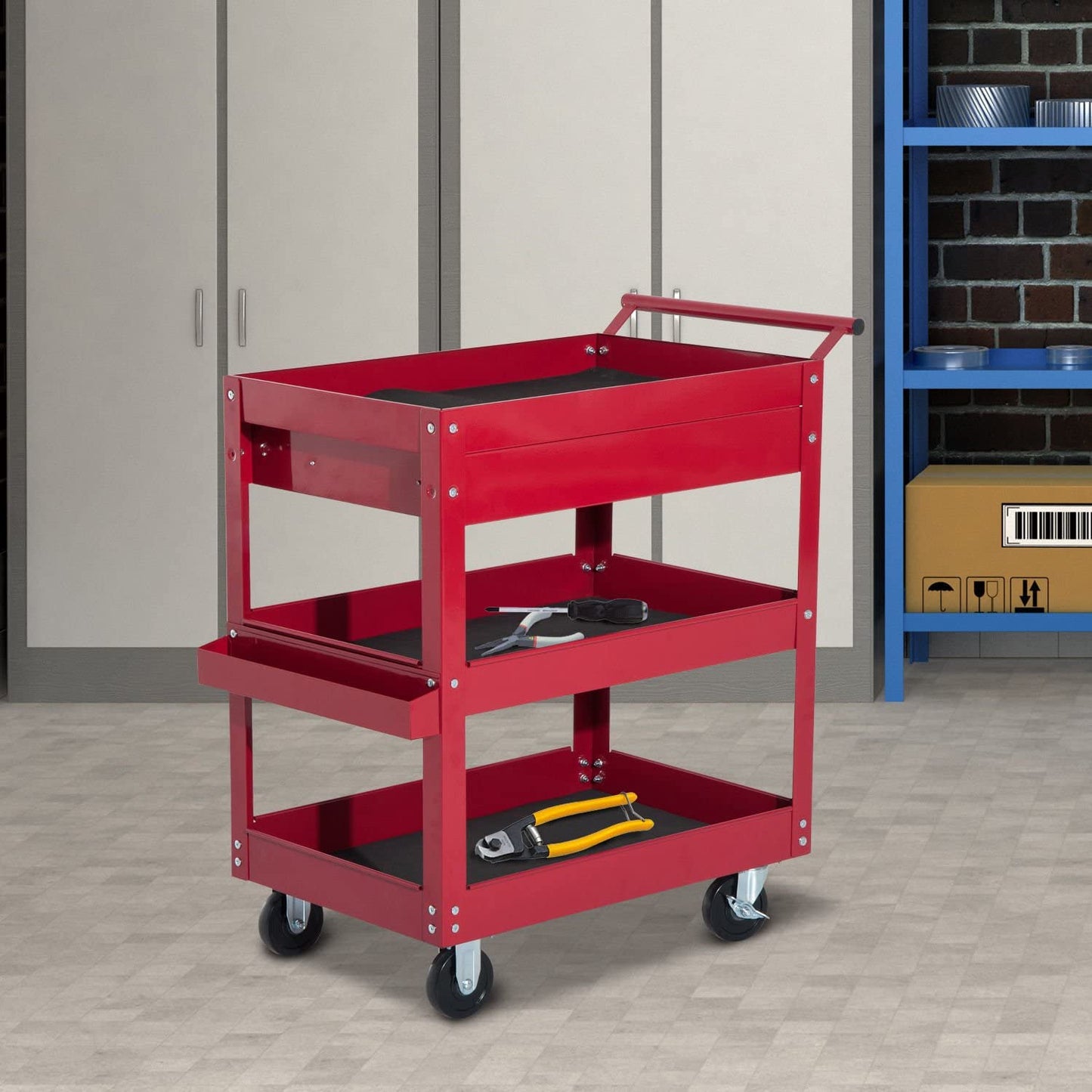 3-Tier Rolling Tool Cart with Drawer and Side Box, 132 LBS Capacity Steel Utility Cart, Mobile Service Tool Organizer fo