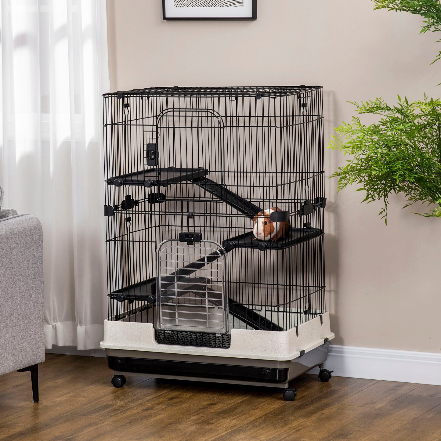 45"H Guinea Pig Cage, 4-Level Rabbit Cage for Ferret, Chinchilla, Hedghog, Bunny, Small Animal Habitat with Wheels, Slid
