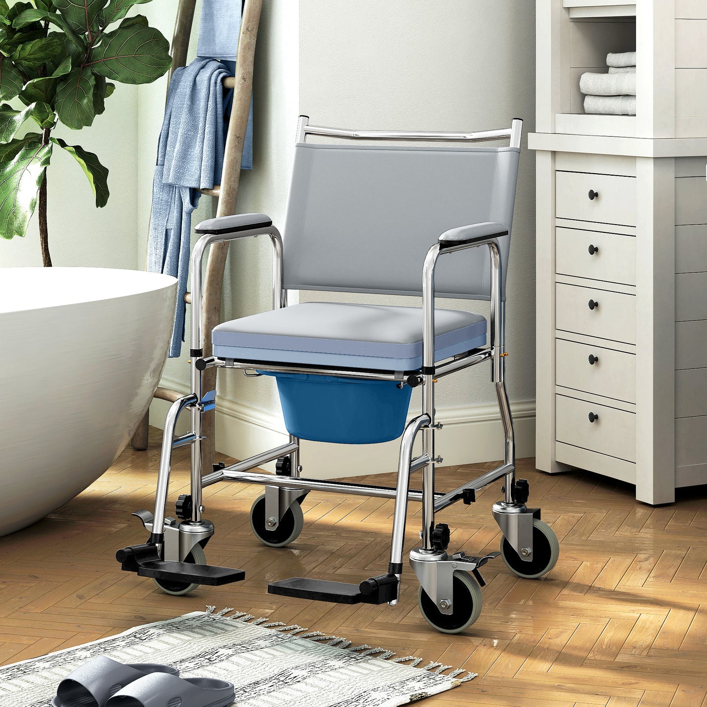 Rolling Shower Chair, Bedside Commode Wheelchair with Padded Seat, Backrest, for Seniors, Disabled, 300 lbs, Grey