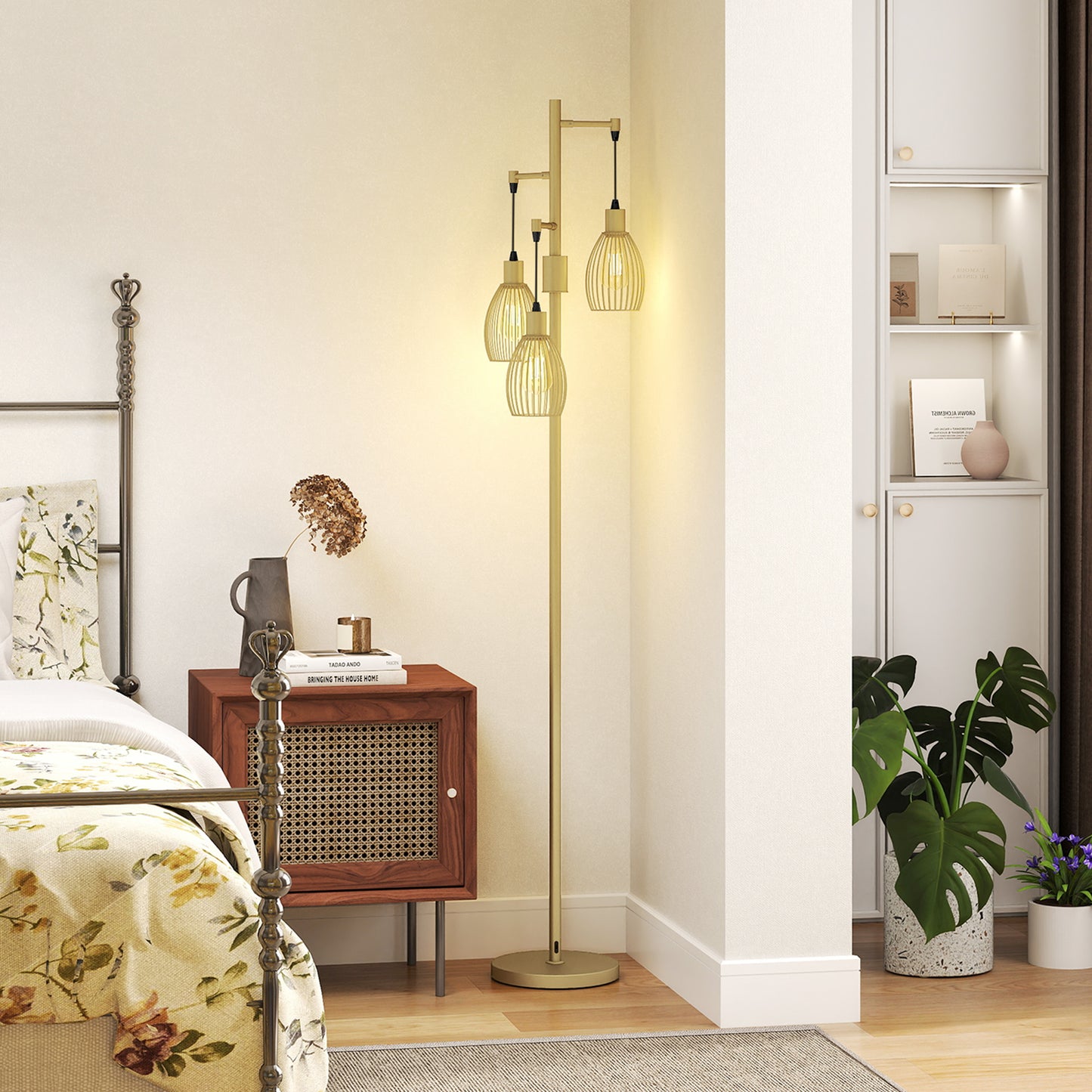 Industrial Floor Lamp with 3 Hanging Wire Lampshades, Dimmable Standing Lamp for Living Room, Gold